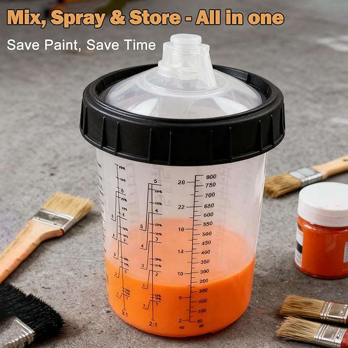 RRJ Disposable Paint Cup Automotive Spray Gun Paint System, for LVLP/HVLP Spray Gun Kit 27 Ounce(800ML) Mixing Cups with 50 Liners and Lids, 1 Hard Cup with Retainer Ring, 2 Adapter, Stirrer