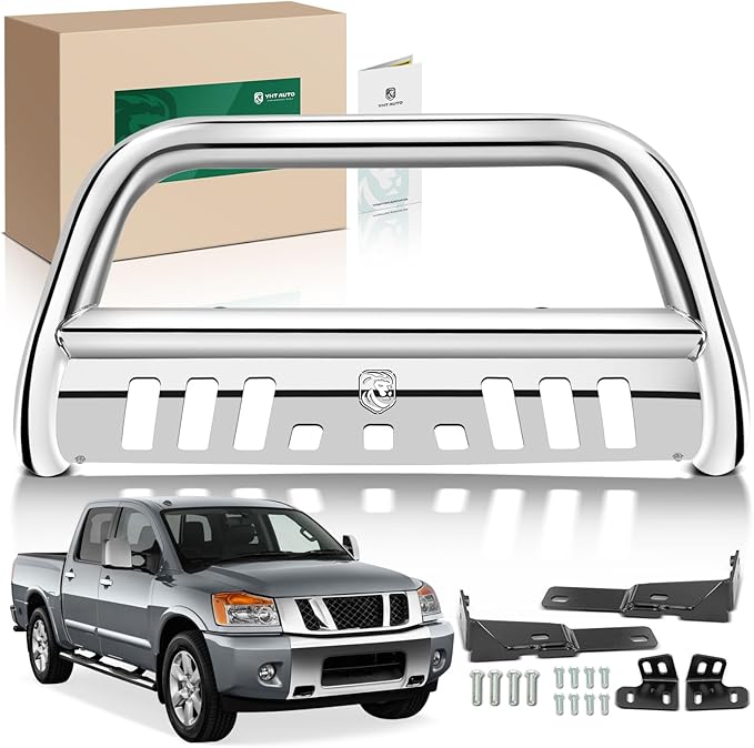 YHTAUTO 3" Bull Bar Push Bar with Skid Plate Light Mount Fit Nissan Models, Titan 2017-2024 V8 5.6L, S/S 304 Brush Guard for Truck Front Bumper Off Road Accessories
