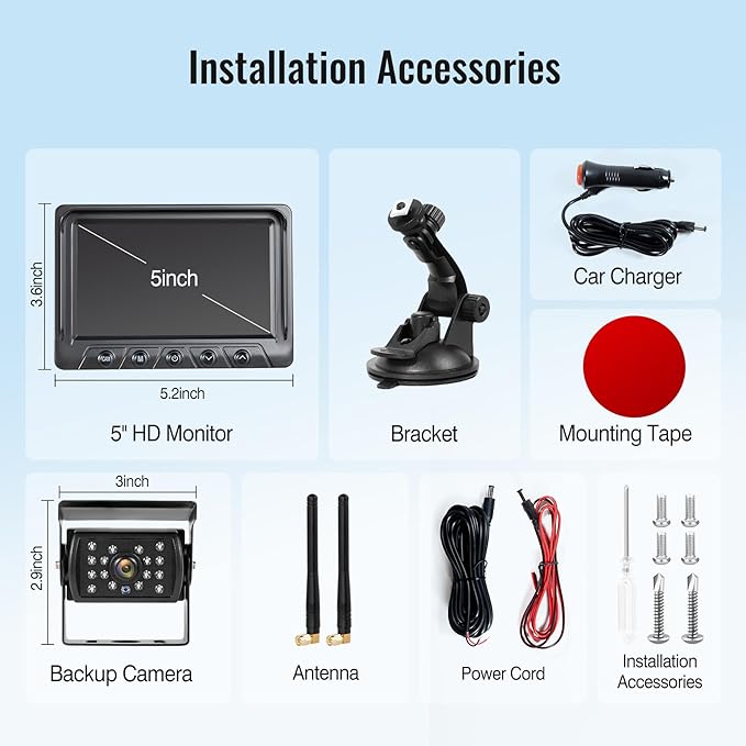 1080P Wireless Backup Camera and 5" Monitor System, RV Rear View IR Night Vision Camera, IP69 Waterproof Reverse Cam for Hitching Trailer, Truck, Camper, Pickup, Dual-Camera Support, WZ5-1