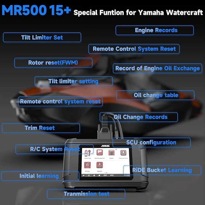ANCEL MR500 Marine Diagnostic Tool for Yamaha (2003–2024) – Jet Ski & Outboard Engine Scanner, 15+ Service Functions, Read/Clear Codes, Live Data, Active Tests