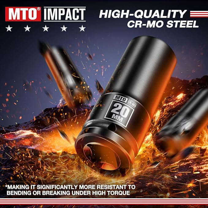 MTO 1/2" Drive 20mm Deep Impact Socket, 6 Pt. Metric Socket, CR-MO Steel & Anti-Corrosion Coating for Heavy-Duty Use