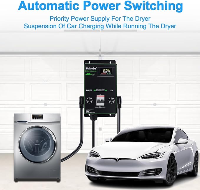 Smart EV Charging Integration: Sekelo Automatic Power Switch for Dryer & EV, NEMA 10-30, Fast Charging, Real-time Display