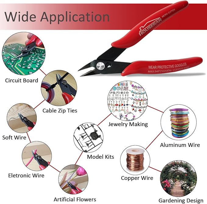 170 Wire Cutters, 10 PACK, 5 Inch Micro Flush Cutter, HOUSERAN Small Wire Cutters Spring Loaded Cutting Pliers, Side Cutters, Diagoanl Cutters for Jewelry Making, Models, Zip Ties Plastic Wire Snips
