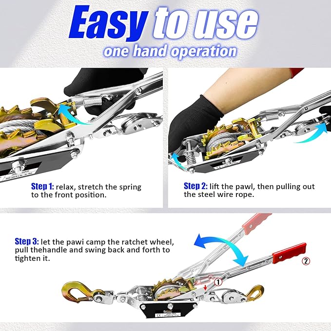 Come Along Winch 2-Ton (4400 Lbs) Pulling Capacity 7.54Ft 2 Hook Heavy Duty Power Cable Come Along Tool with Dual Gears Hand Winch Cable Automotive Hoist Winch Puller
