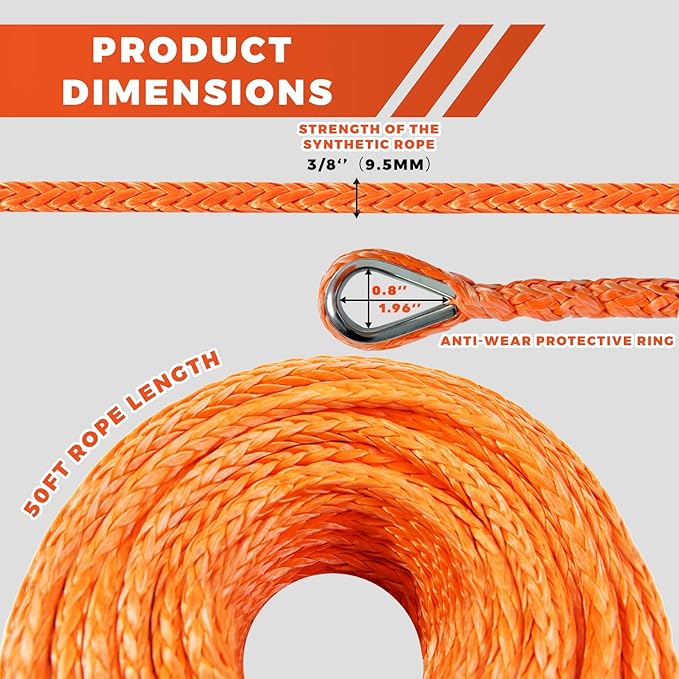 Winch Rope Extension, 3/8'' x 50ft 27,000Lbs Synthetic Winch Extension Rope, Winch Extension Line for Off Road Vehicle ATV UTV SUV Jeep (Orange)