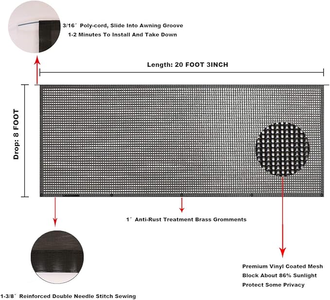 Tentproinc RV Awning Sun Shade Screen 8' X 20' 3'' (Fit for 21' Awning) Mesh Screen Sunshade Sunscreen for Motorhome Camping Trailer Awning Shadescreen UV SunBlocker - 3 Year Warranty (Black)