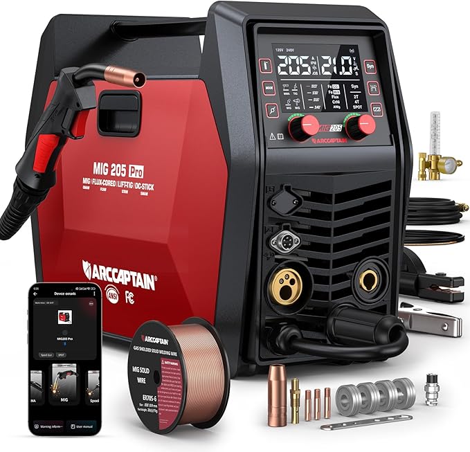 ARCCAPTAIN iControl MIG205 Pro MIG Welder 205A 120V 240V Gas MIG/Gasless Flux MIG/MMA Stick/Lift TIG/Spot Welding/Spool Gun Aluminum Welding Machine, 6 in 1 Professional Welder Machine, APP Control