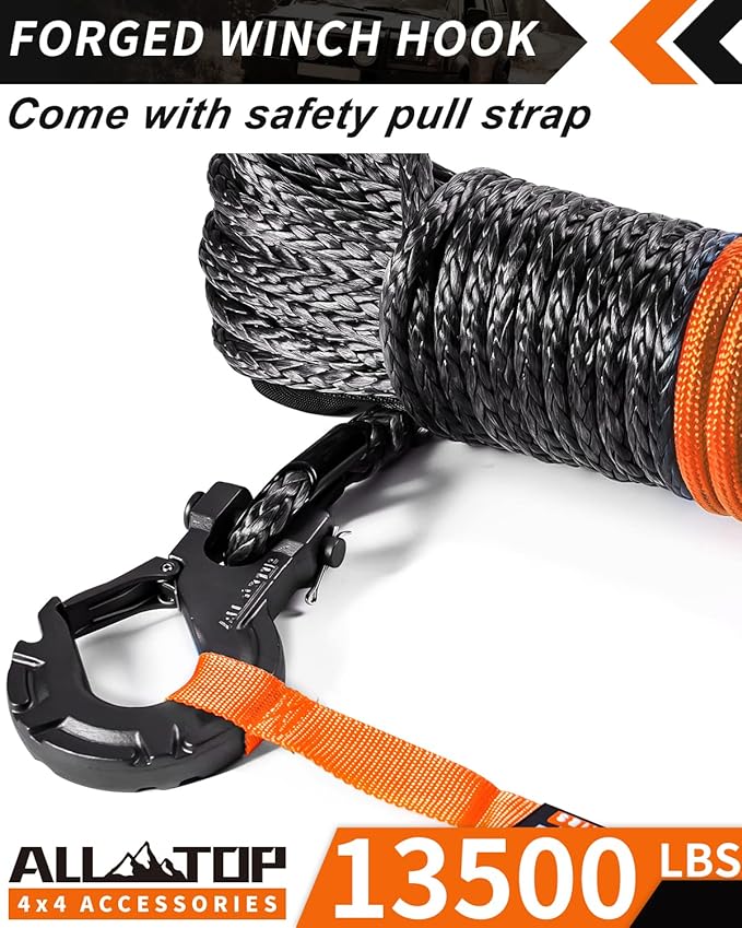 ALL-TOP Synthetic Winch Rope w/Hook & Isolator, 3/16in x 50ft, 8350Lbs UHMWPE Cable Replace Kit, Forged Hook & Rubber Stopper & Safety Pull Strap