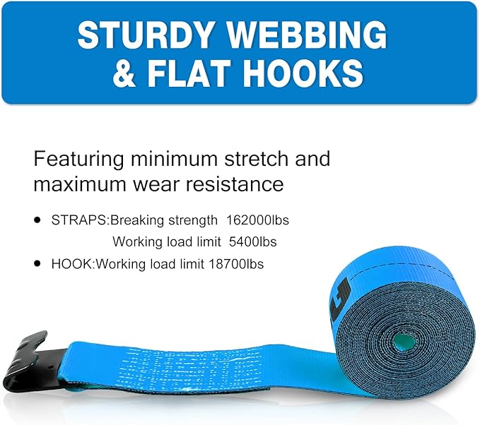 4" x 30' Straps for Flatbed Trailer Blue Heavy Duty Tie Down Flat Hooks WLL 5400 lbs | 4 Inch Cargo Control for Flatbed Truck Utility (10 Pack)