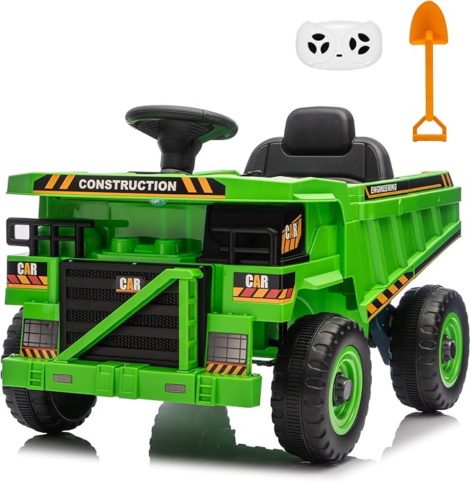 12V Ride On Construction Truck, Battery Powered Ride On Car with Remote Control, Kids Electric Vehicle with Shovel, Speaker, Green