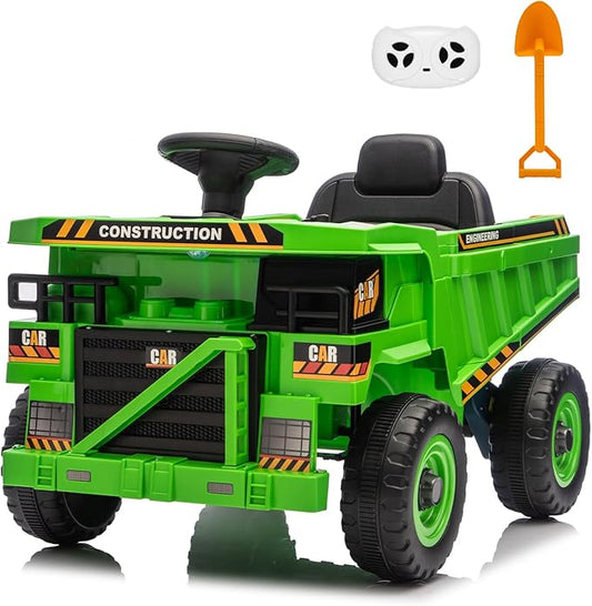 12V Ride On Construction Truck, Battery Powered Ride On Car with Remote Control, Kids Electric Vehicle with Shovel, Speaker, Green