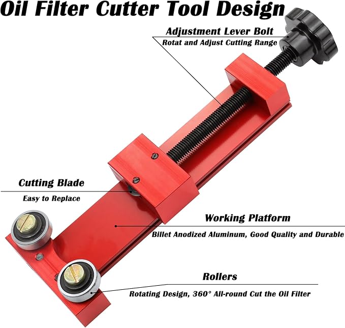 66490 Oil Filter Cutter, Adjustable Cut Range 1-3/4'' to 5-3/4'' Oil Filter Cutting Tool Aluminum, Red