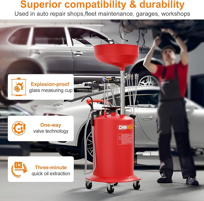 Waste Oil Drain Tank 18.5 Gallons Fortable Oil Lift Drain Extractor & Collector Kit Pneumatic Drainer for Automotive Fluids Waste Oil Container with Air Operation & Wheel (Red)