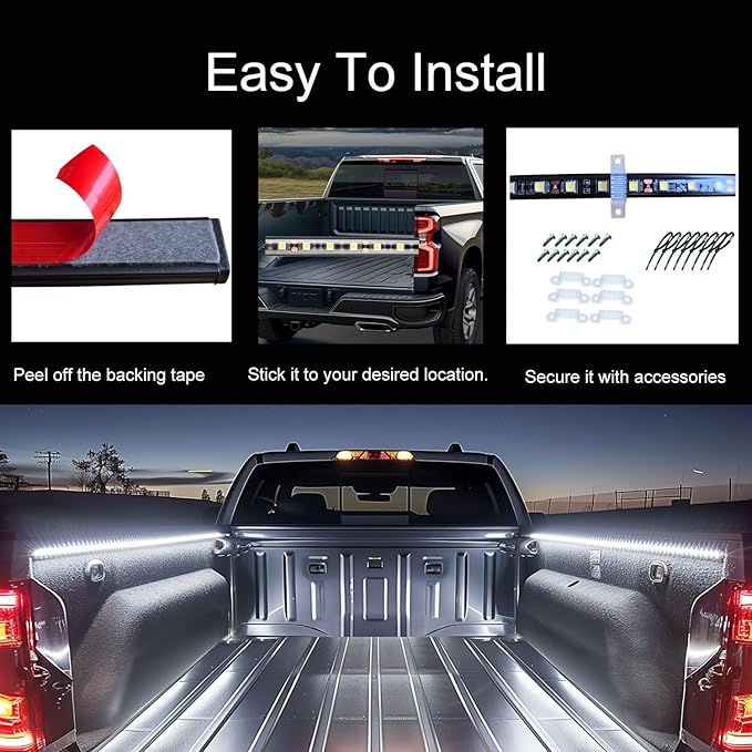 60Inch LED Truck Bed Lights, 2PCS White LED (Light Emitting Diode) Lighting Fixtures, Waterproof Truck Bed Lighting Bar Switch Fuse Splitter Cable for RV SUV Vans Cargo Boats