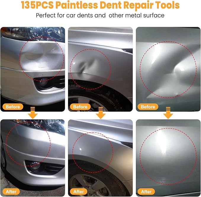 Car Dent Puller Kit, 135pcs Paintless Dent Removal Kit, Car Dent Repair Kit with Golden Lifter, Bridge Puller, Slide Hammer 2 in 1 T-Bar, Dent Puller for Car Refrigerator Door Ding Repair