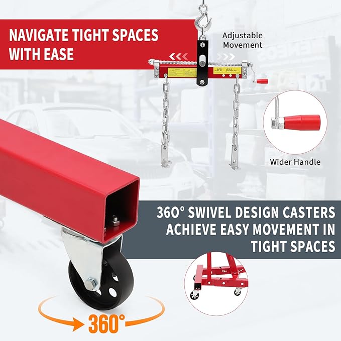 2 Ton Folding Hydraulic Engine Hoist with Load Leveler 4400 LBS Capacity Heavy Duty Cherry Picker 6 Swivel Wheels&Hydraulic Pump Adjustable Boom (0.5T-2T) for Garage Workshop Warehouse Red