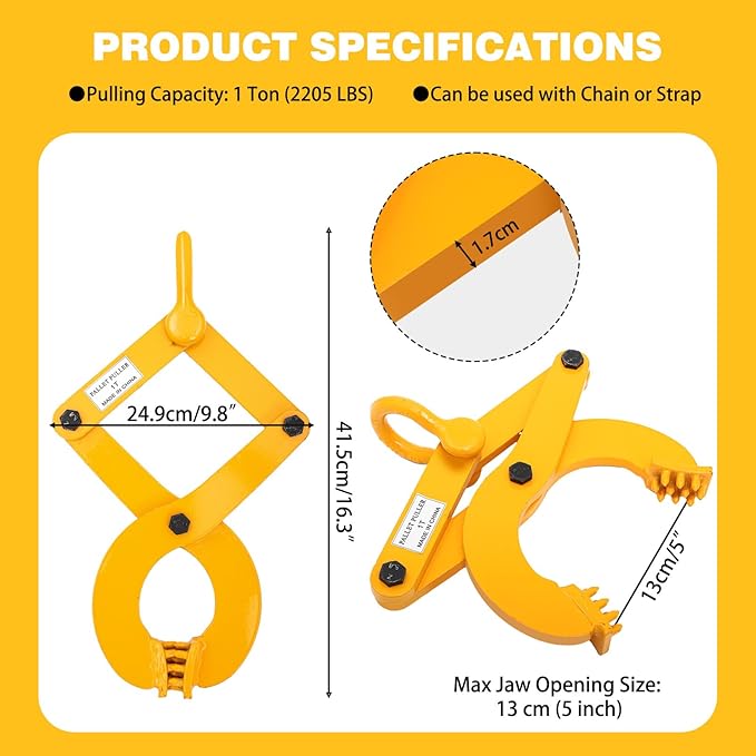 Pallet Puller,1T/2205 LBS Capacity Pallet Jack Puller,Heavy Duty Single Scissor Clamp for Forklift Chain,Pulling Pallets,5 Inch Jaw Opening