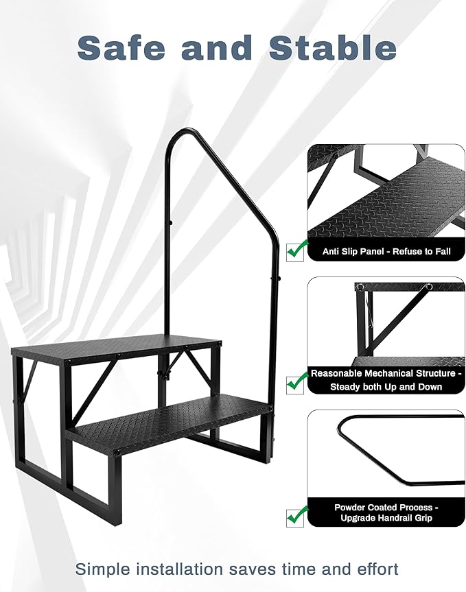 RV Steps with Handrail,2 Step Trailer Steps,Outdoor RV Stairs with Anti-Slip Pedals,Outdoor Steps for Travel Trailers,Heavy Duty Mobile Home Stairs for Camper, Porch, Spa