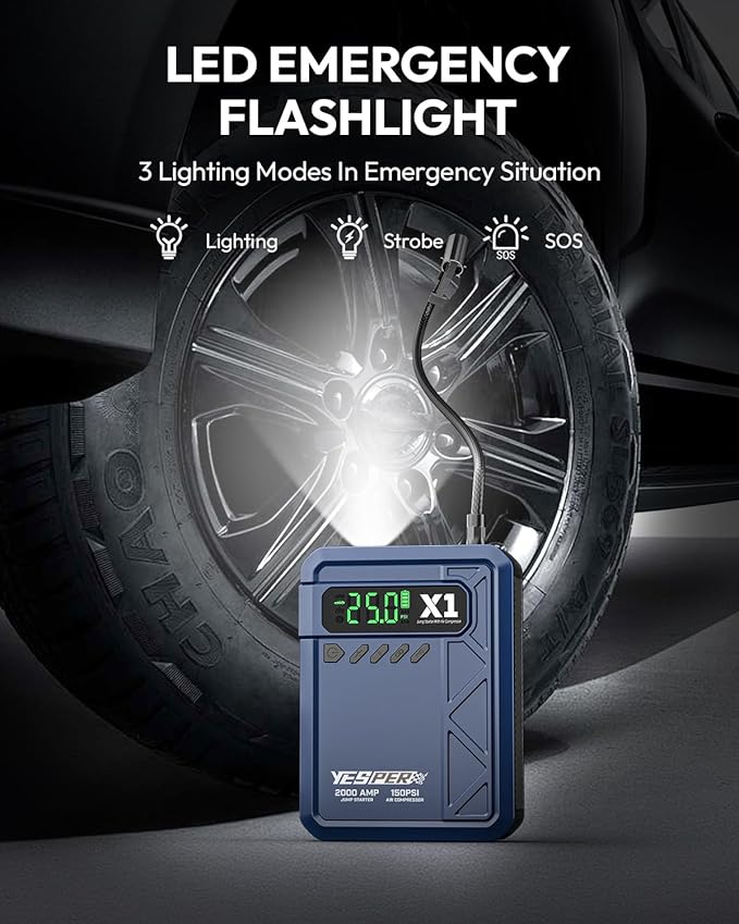 YESPER Jump Starter with Air Compressor 2000A 150PSI Battery Jumper Starter Portable(8L Gas/6L Diesel), 12V Car Jump Pack Battery Charger Jump Box with Jumper Cables, LCD Display, Lights(Blue)