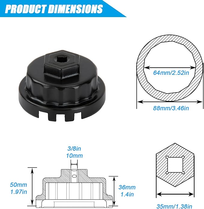 64mm 14 Flute Oil Filter Wrench, 4 Slots Oil Filter Cap Removal Tool Replacement for Lexus, Camry, Tundra, 4Runner, Highlander, RAV4 Vehicles 2.5-5.7L Engine