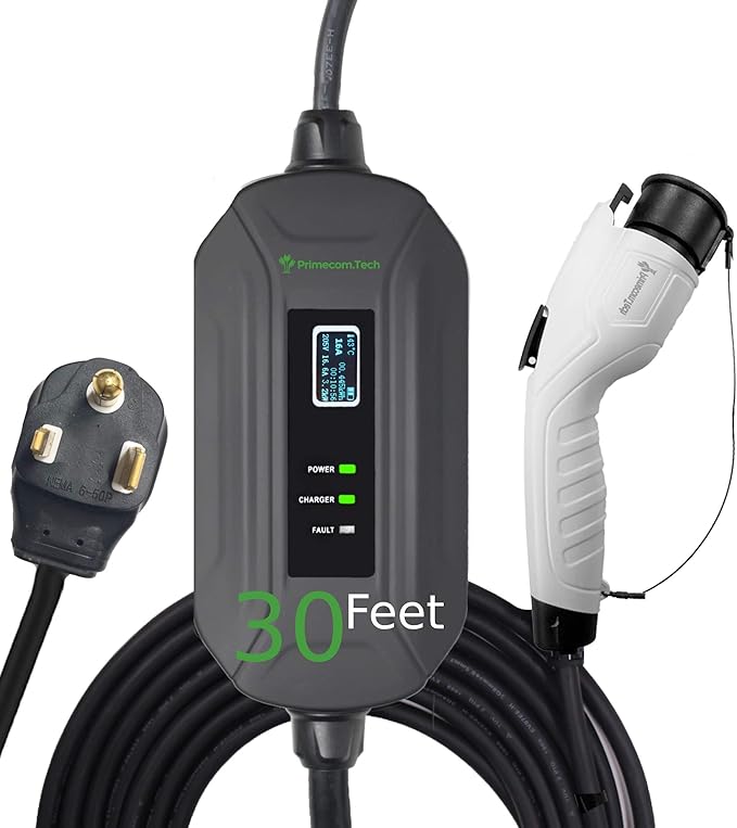 PRIMECOM Level 2 Electric Vehicle (EV) Charger (220V / 240Volt, 16Amp) Portable EVSE Smart Electric Car Charger, 30', 40', and 50 Feet Lengths (NEMA 6-50P, 30 Feet)