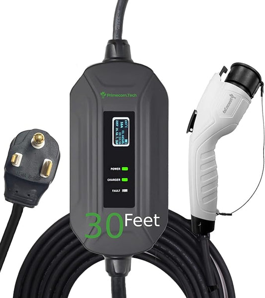 PRIMECOM Level 2 Electric Vehicle (EV) Charger (220V / 240Volt, 16Amp) Portable EVSE Smart Electric Car Charger, 30', 40', and 50 Feet Lengths (NEMA 6-50P, 30 Feet)