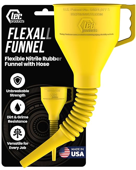 TEC Products FlexAll Long Flexible Funnel for Automotive Use - Durable Nitrile Rubber - Ideal for Car Oil Change, Transmission Funnel Fluid, Diesel, Fuel, Gas - Made in USA - Yellow (12 x 4 Inches)