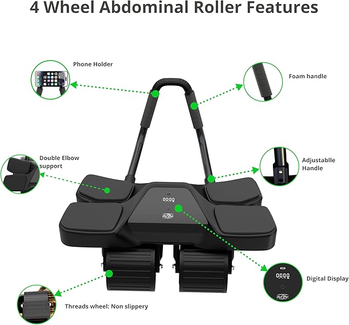2025 New 4-Wheel Abdominal Roller with Elbow Support : Latest Upgraded High-Performance Exercise Machine With Automatic Rebound, Multi- layered Anti-Slip Design with Calorie Counting LCD Screen