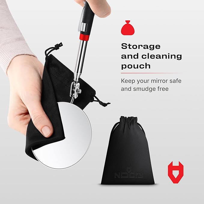 NoCry Heavy Duty Telescoping Inspection Mirror — 3.23 Inch Round Mirror on a Stick; 2-in-1 Storage Pouch; Extendable Mirror up to 30in; Non-Slip Handle; 360° Inspection Mirror Telescoping Swivel Head