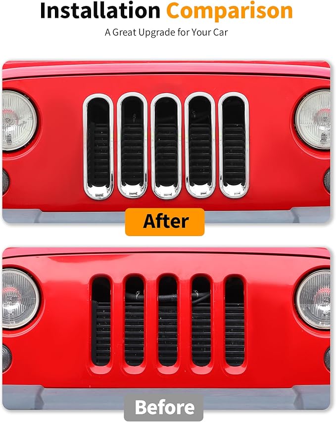 Hoolcar Grill Inserts Front Grille Mesh Cover Guard for Jeep Wrangler JK 2007-2017 Clip-on Grille Exterior Accessories, Chrome