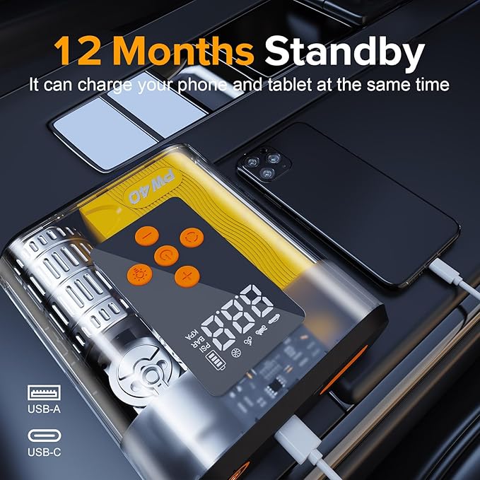 Jump Starter with Air Compressor, 4000A Peak Car Battery Charger, 200 PSI Tire Inflator, Heavy Duty Power Pack for Up to 9.0L Gas, 8.0L Diesel Engines, LED Light, USB Ports, Emergency Road Kit