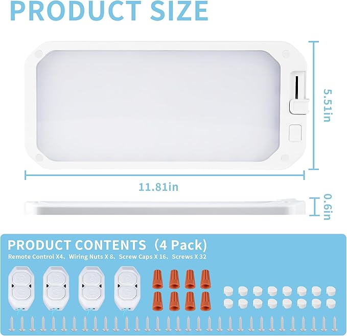 4 Pack RV Lights Interior, 3 Color RV LED Super Bright Fixture DC12-30V Camper Lights with Stepless Dimming and Remote Control Energy-efficient Ceiling Light for RV/Camper/Car/Trailer/Boat