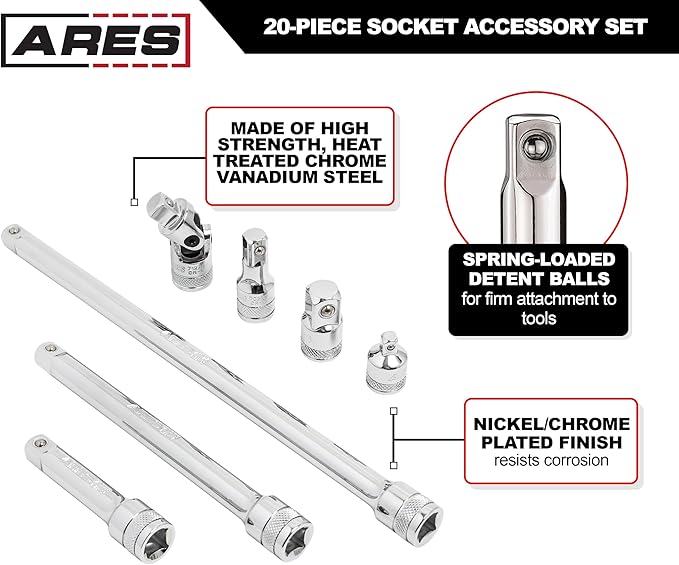 ARES 40003-20-Piece Socket Accessory Set - Premium Chrome Vanadium Steel with Mirror Finish - Includes Socket Adapters, Extensions and Universal Joints