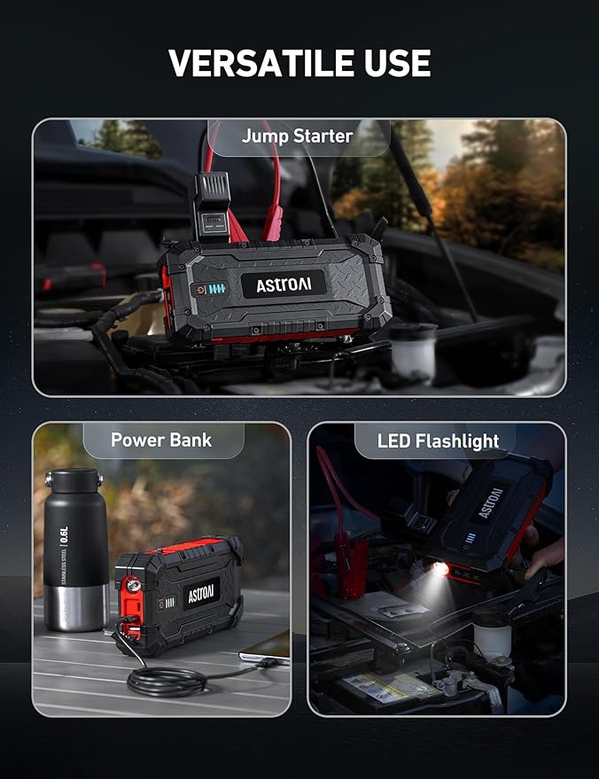 AstroAI S8 Ultra 4000A Peak Jump Starter,Up to All Gas/12L Diesel Engine,24000mAh Portable Car Battery Jump Starter,Rugged 12V Battery Pack with 2-Way Quick Charger,LED Light, Jumper Cables(Red)