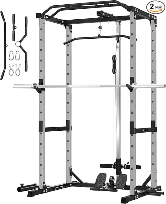 Power Rack Home Gym Package, 1600LBS Capacity Power Cage with 1.2" Diameter Multi-Grip Pull-Up Bar, LAT Pulldown System and Landmine Attachment, Gray P30