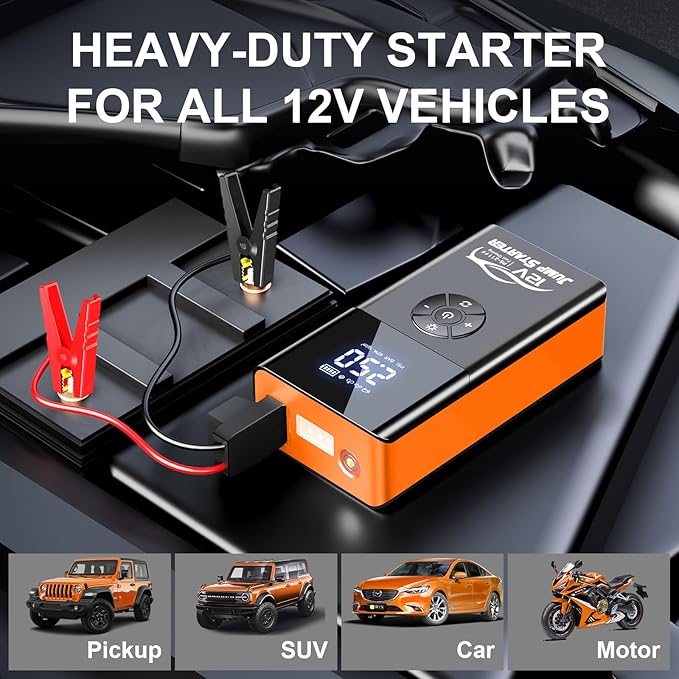 Jump Starter with Air Compressor, 8000A 180PSI, Portable Car Battery Jump Starter (All Gas/12L Diesel) 12V Automobile Jump Box Pack Chargers with Jumper Cables, 4-Mode LED Lights (Pumpkin Orange)