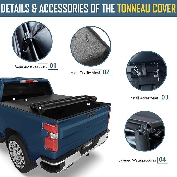 Perfit Liner 6.8 FT (82") Bed Soft Tri-Fold Tonneau Cover Fits 1999-2024 Ford F250 F350 F450 Super Duty Styleside/Fleetside Truck Cargo Topper, Softtop, 4-Folding (NOT for Flareside/Stepside)