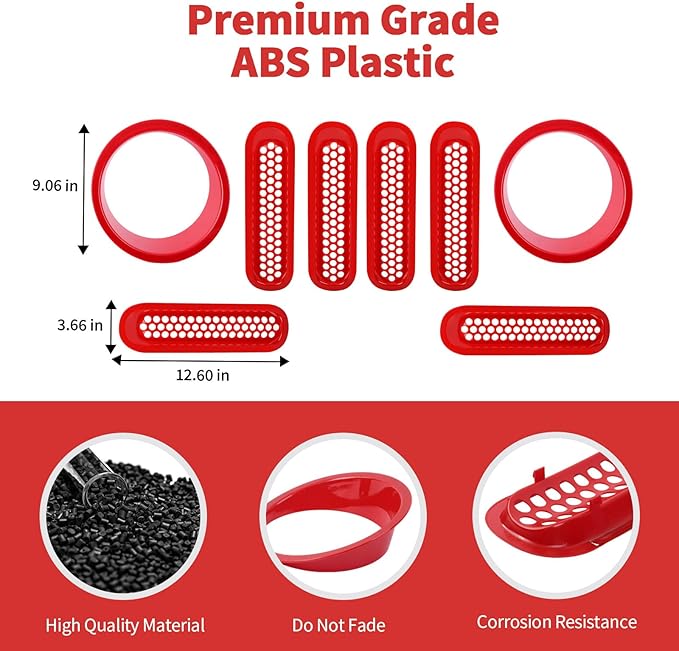 Mesh Grille Grill Insert+Headlight Turn Light Cover Trim Fit for 2007-2018 Jeep Wrangler JK JKU(Red)