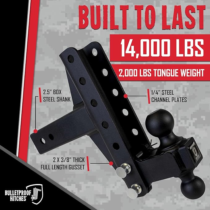 BulletProof Hitches - 2.5" Adjustable Medium Duty Trailer Hitch (14,000 lb. Rating) - Offset 4" and 6" Drop/Rise Trailer Hitch with 2" & 2-5/16" Dual Ball - Powder Coat, Box Steel, Corrosion-Resistant