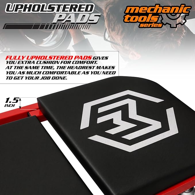 M-AUTO 40-Inch Folding Creeper Rolling Seat, All-in-One Adjustable Roller Garage Chair, Lay Down or Sit, 330LBS Capacity Under Car Roller Creeper with 6 Swivel Casters, Red