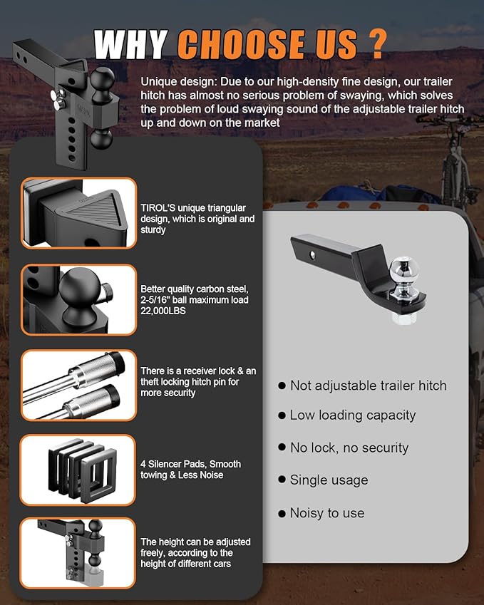 TIROL Adjustable Trailer Hitch - Fits 2'' Receiver 6 Drop/Rise for Truck Hitch, 2'' & 2-5/16'' Ball Hitch, 22000 LBS GTW - Heavy Duty Tow Hitch with Two Anti-Theft Locking Hitch Pins