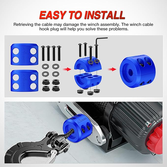 Nilight Winch Stopper for ATV UTV Truck SUV Winch Cable Hook Rubber Stopper Protect Towing Hook Synthetic Rope Winch Accessories Rope Line Saver with Stainless Steel Screws and Nuts Allen Wrenc, Blue