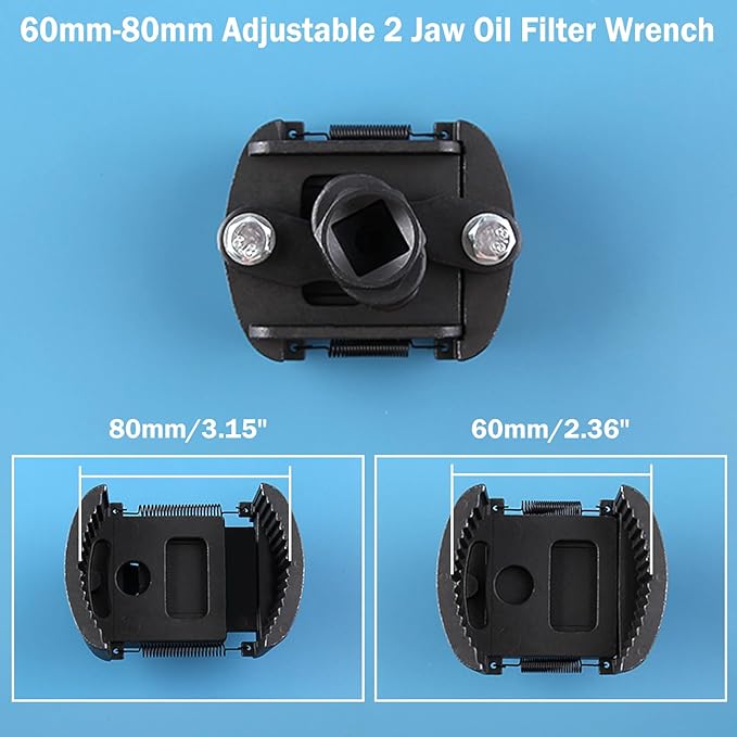 Adjustable 2 Jaw Oil Filter Wrench 60mm-80mm (2-3/8 to 3-1/8 inch), Heavy Duty Universal Oil Filter Cap Socket Wrench for BMW, Audi