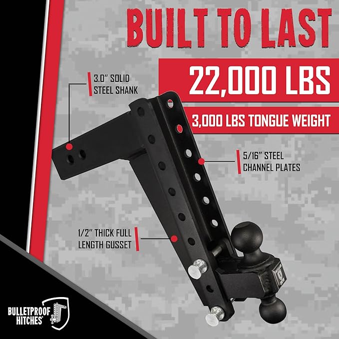 BulletProof Hitches - 3.0" Adjustable Heavy Duty Trailer Hitch (22,000 lb. Rating) - 12" Drop/Rise Trailer Hitch with 2" & 2-5/16" Dual Ball - Powder Coat, Solid Steel, Corrosion-Resistant
