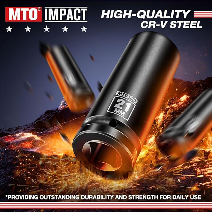 MTO 1/2" Drive 21mm Deep Impact Socket, 6-Point Metric Socket for Automotive Maintaince, CR-V Steel Meets ANSI Standards
