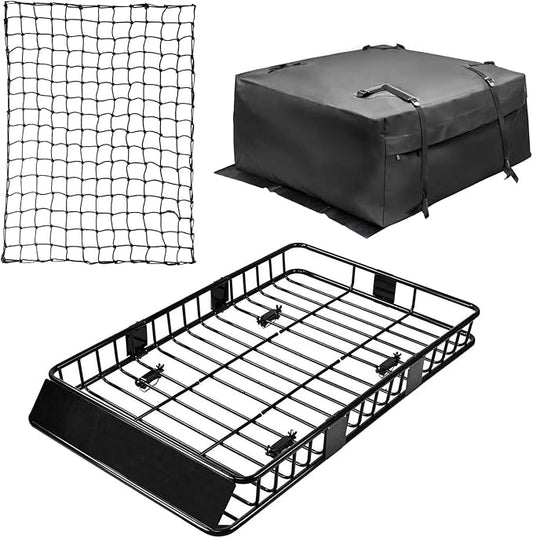 Leader Accessories Roof Rack Cargo Basket Set, Cargo Carrier Bag 15 Cubic Feet Capacity with Car Top Luggage Holder Adjustable Length 43/64 inches Cargo Net 3' x 4' for SUV, Van, Sedan,Jeep