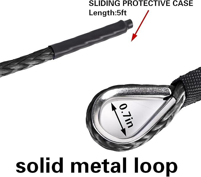 ATV UTV Synthetic Winch Rope 3/16" x 50 ft, 8,300 lbs Pulling Strength, with Protective Sleeve, Safety Pull Strap for ATV, UTV, and Offroad Vehicles (Black)