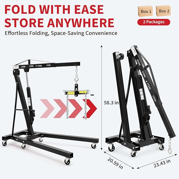 2-Ton Folding Engine Hoist Cherry Picker 4400 Lb Capacity Hydraulic Shop Crane with Telescoping Boom 6 Caster Wheels for Automotive Repair (Black, Engine Hoist with Lever)