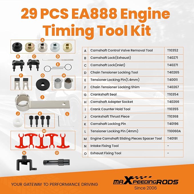maXpeedingrods Engine Timing Tool Kit for EA888 1.8 2.0 TSi TFSi, Camshaft Crankshaft Timing Tool for VW for Audi, with Camshaft Sliding Pieces Spacer Tool, T40191 T40266 T40196 T40267 T10060, 29 Pcs
