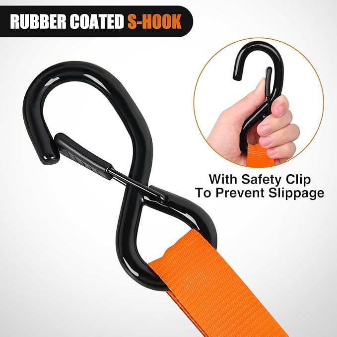 Nilight Ratchet Tie Down Straps 4500Lbs Max Break Strength 1”×15’ Heavy Duty Motorcycle Straps with S Hooks Rubber Handle and 1” ×12’ Soft Loop for UTV Motorcycle Moving Securing Cargo (Orange 4 Pack)